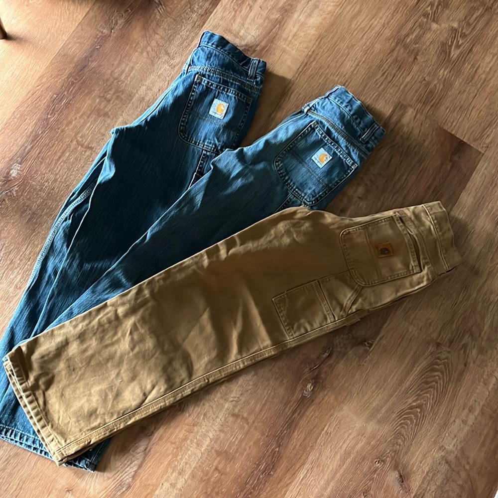 Lot of 3 Youth Carhartt Cargo Dungarees Size 12 (2 Denim & 1 Carhartt Brown)